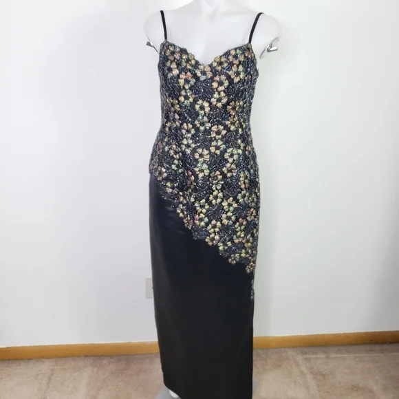 Menekshe black silk gown beaded appliqué formal - Picture 3 of 11